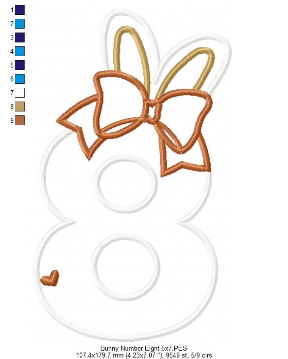 Easter Bunny Ears and Bow Number 8 Eight 8th Birthday - Applique