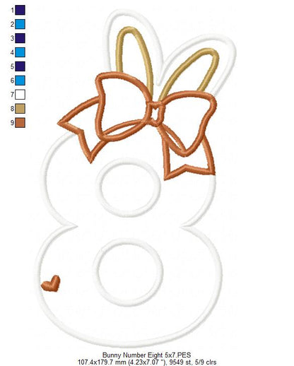 Easter Bunny Ears and Bow Number 8 Eight 8th Birthday - Applique