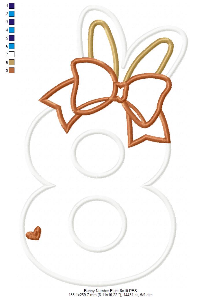 Easter Bunny Ears and Bow Number 8 Eight 8th Birthday - Applique