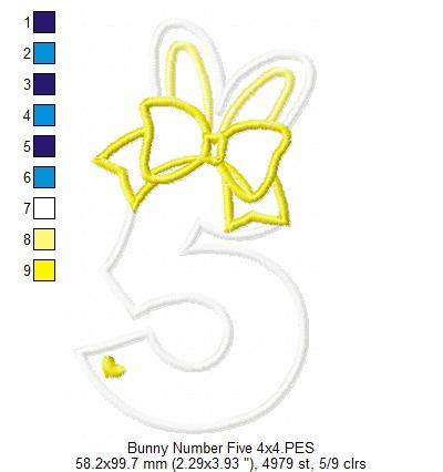 Easter Bunny Ears and Bow Number 5 Five 5th Fifth Birthday - Applique