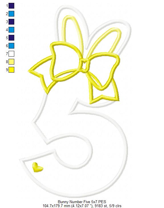 Easter Bunny Ears and Bow Number 5 Five 5th Fifth Birthday - Applique
