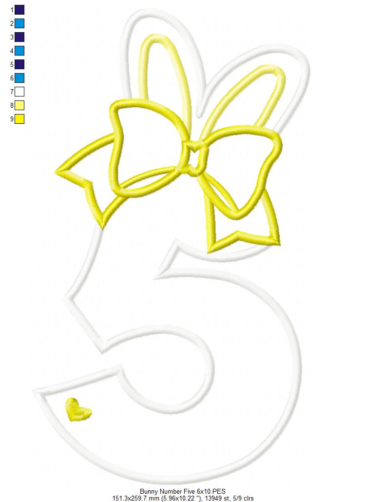 Easter Bunny Ears and Bow Number 5 Five 5th Fifth Birthday - Applique