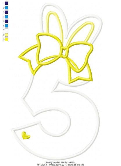 Easter Bunny Ears and Bow Number 5 Five 5th Fifth Birthday - Applique