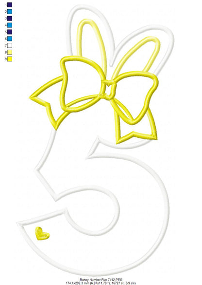 Easter Bunny Ears and Bow Number 5 Five 5th Fifth Birthday - Applique