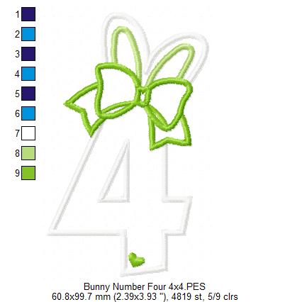Easter Bunny Ears and Bow Number 4 Four 4th Fourth Birthday - Applique