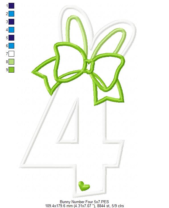 Easter Bunny Ears and Bow Number 4 Four 4th Fourth Birthday - Applique
