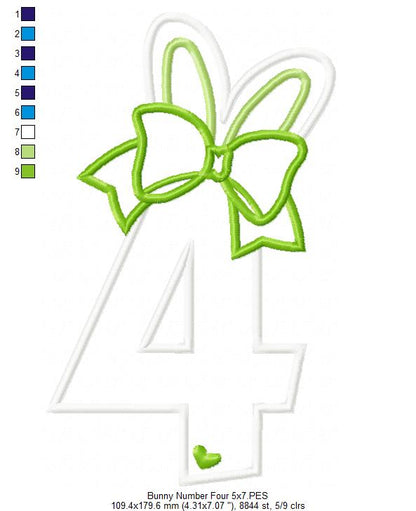Easter Bunny Ears and Bow Number 4 Four 4th Fourth Birthday - Applique