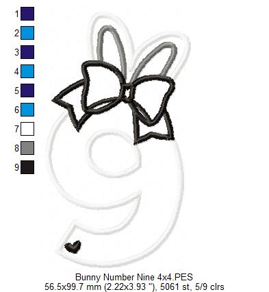 Easter Bunny Ears and Bow Number 9 Nine 9th Nineth Birthday - Applique