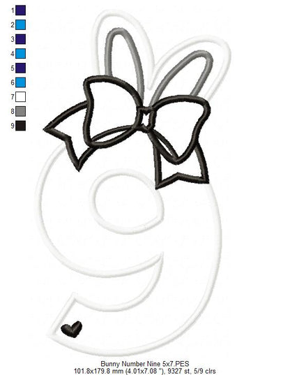 Easter Bunny Ears and Bow Number 9 Nine 9th Nineth Birthday - Applique