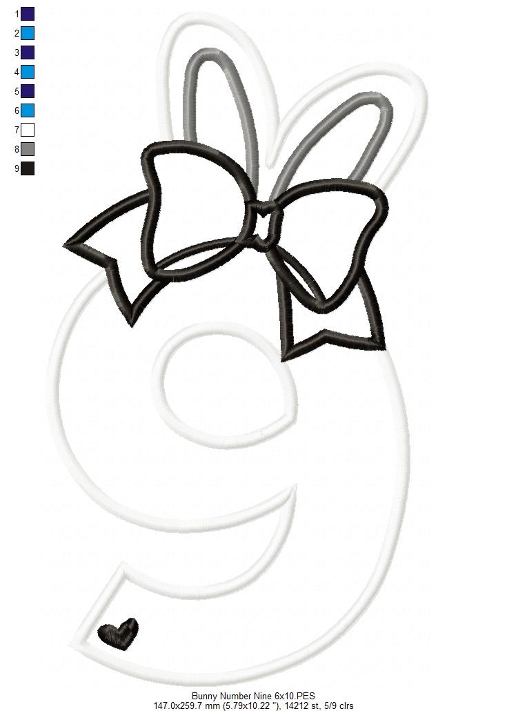 Easter Bunny Ears and Bow Number 9 Nine 9th Nineth Birthday - Applique