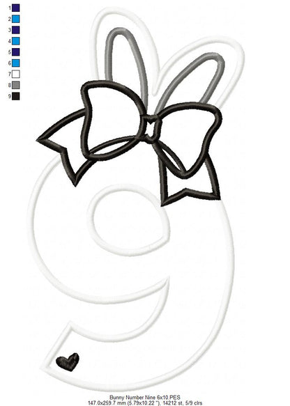 Easter Bunny Ears and Bow Number 9 Nine 9th Nineth Birthday - Applique