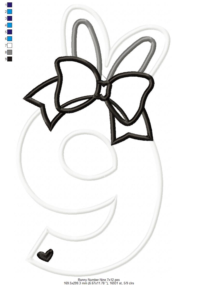 Easter Bunny Ears and Bow Number 9 Nine 9th Nineth Birthday - Applique