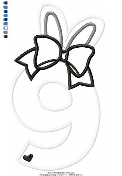 Easter Bunny Ears and Bow Number 9 Nine 9th Nineth Birthday - Applique