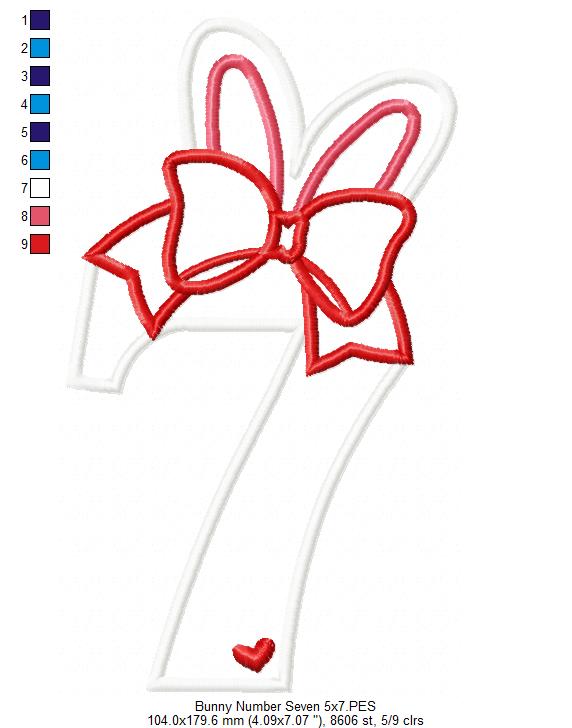 Easter Bunny Ears and Bow Number 7 Seven 7th Birthday - Applique