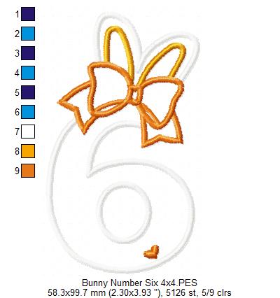 Easter Bunny Ears and Bow Number 6 Six 6th Sixth Birthday - Applique