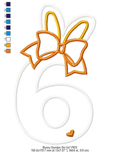 Easter Bunny Ears and Bow Number 6 Six 6th Sixth Birthday - Applique