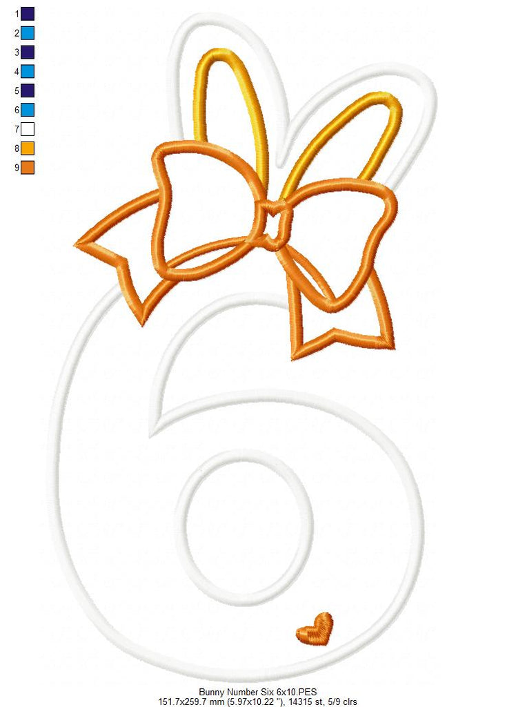 Easter Bunny Ears and Bow Number 6 Six 6th Sixth Birthday - Applique