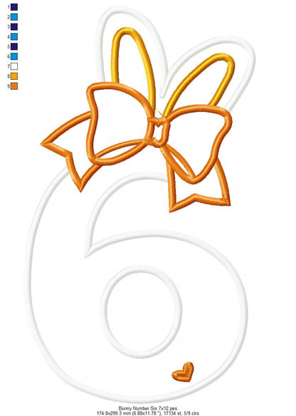 Easter Bunny Ears and Bow Number 6 Six 6th Sixth Birthday - Applique