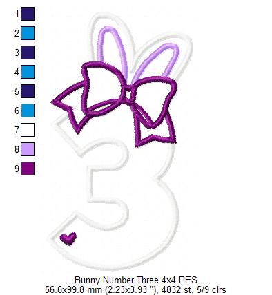 Easter Bunny Ears and Bow Number 3 Three 3rd Third Birthday - Applique
