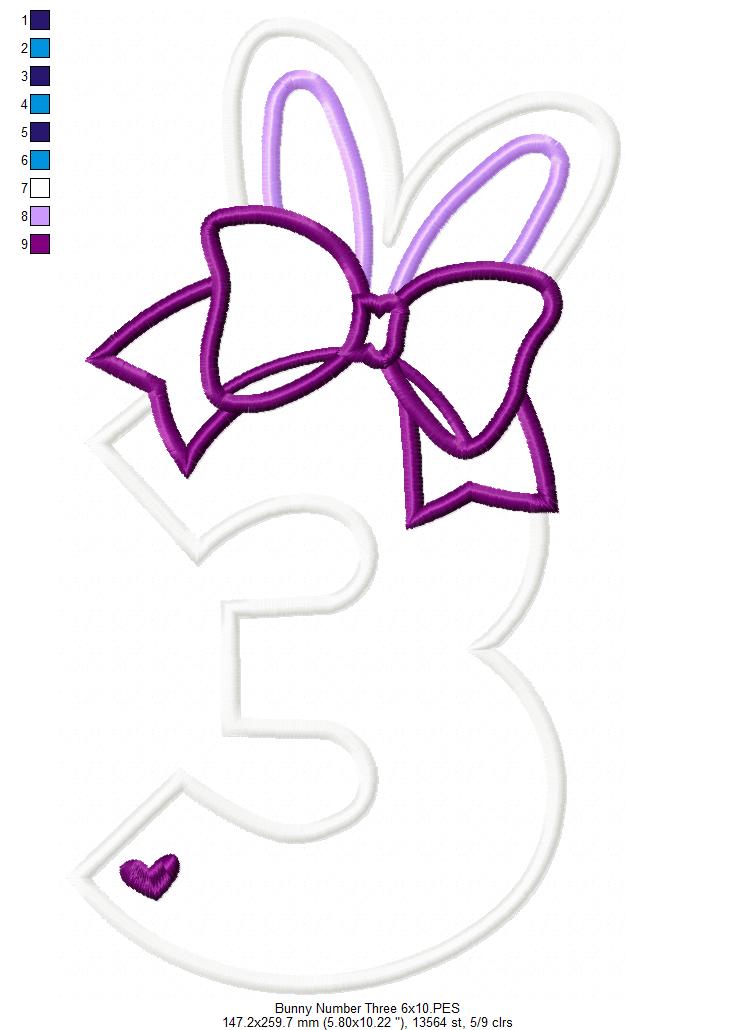 Easter Bunny Ears and Bow Number 3 Three 3rd Third Birthday - Applique