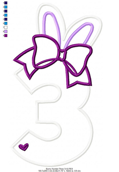 Easter Bunny Ears and Bow Number 3 Three 3rd Third Birthday - Applique