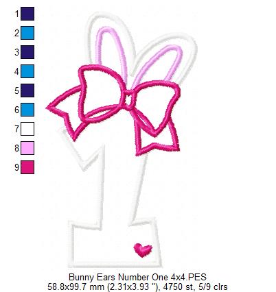Easter Bunny Ears and Bow Number 1 One 1st First Birthday - Applique