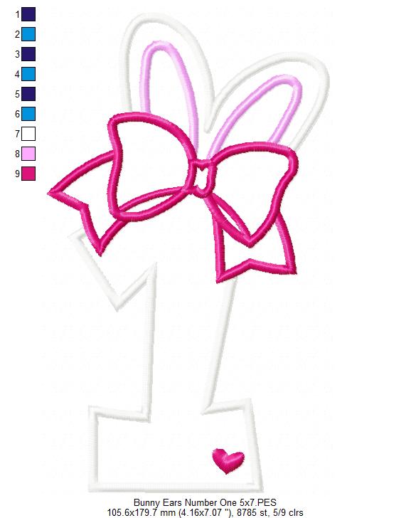 Easter Bunny Ears and Bow Number 1 One 1st First Birthday - Applique