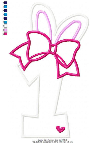 Easter Bunny Ears and Bow Number 1 One 1st First Birthday - Applique