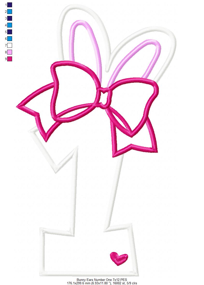 Easter Bunny Ears and Bow Number 1 One 1st First Birthday - Applique