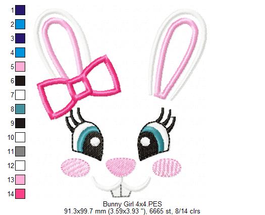 Bunny Girl Face - Appliqué - Machine Embroidery Design