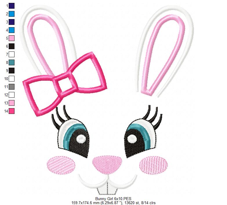 Bunny Girl Face - Appliqué - Machine Embroidery Design