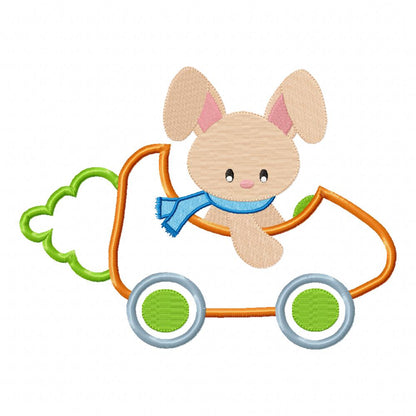 Bunny in a Carrot Car - Applique - machine Embroidery Design