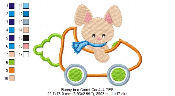 Bunny in a Carrot Car - Applique - machine Embroidery Design