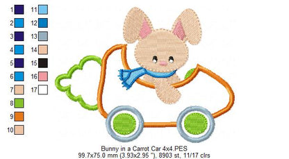 Bunny in a Carrot Car - Applique - machine Embroidery Design