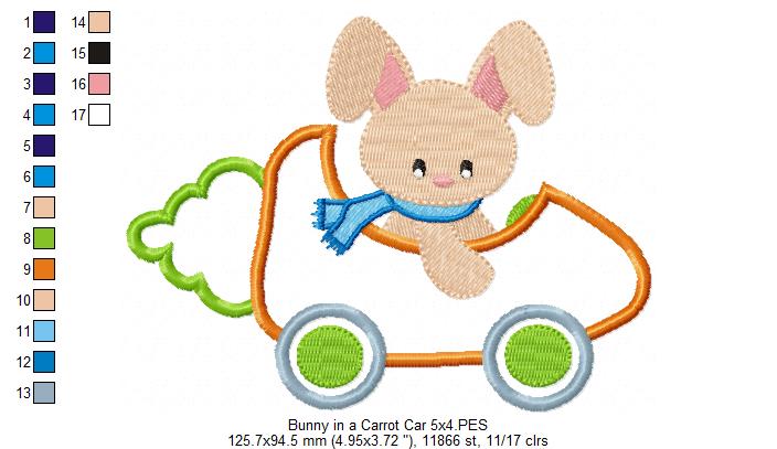Bunny in a Carrot Car - Applique - machine Embroidery Design