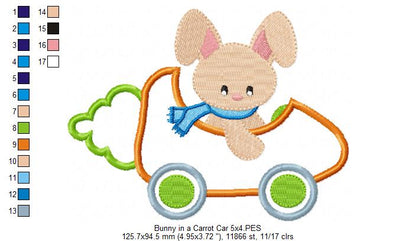 Bunny in a Carrot Car - Applique - machine Embroidery Design