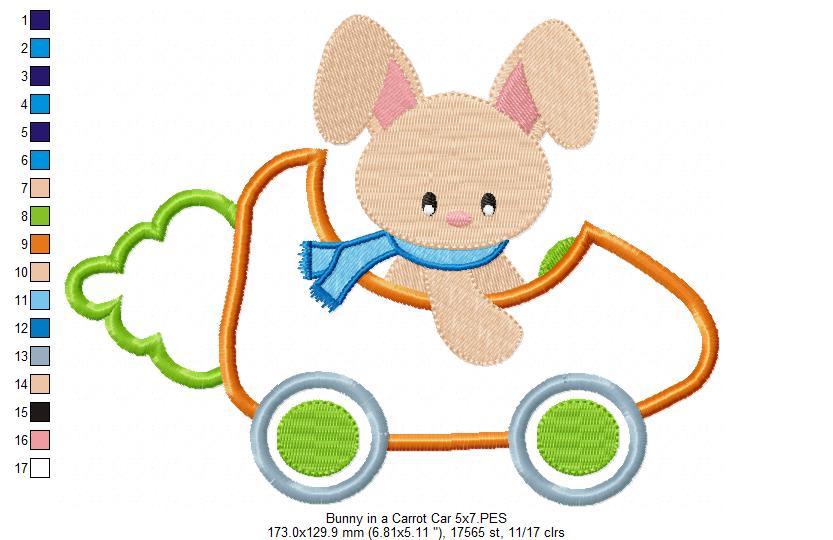 Bunny in a Carrot Car - Applique - machine Embroidery Design