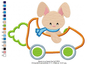 Bunny in a Carrot Car - Applique - machine Embroidery Design