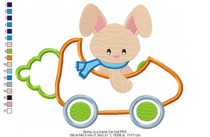 Bunny in a Carrot Car - Applique - machine Embroidery Design