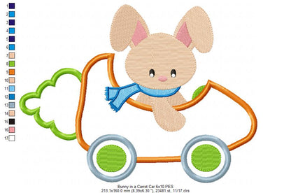 Bunny in a Carrot Car - Applique - machine Embroidery Design