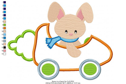 Bunny in a Carrot Car - Applique - machine Embroidery Design