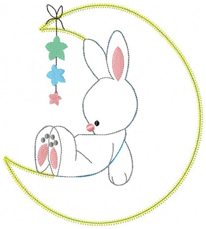 Bunny on the Moon – Raggy Appliqué – Machine Embroidery Design