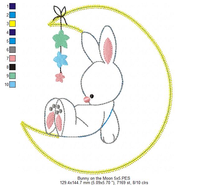 Bunny on the Moon – Raggy Appliqué – Machine Embroidery Design