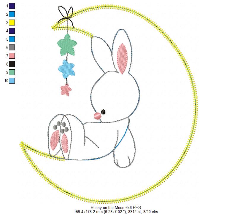 Bunny on the Moon – Raggy Appliqué – Machine Embroidery Design