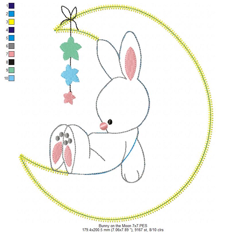 Bunny on the Moon – Raggy Appliqué – Machine Embroidery Design