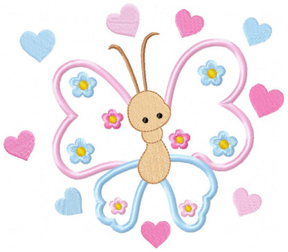 Butterfly, Flowers and Hearts - Applique - Machine Embroidery Design