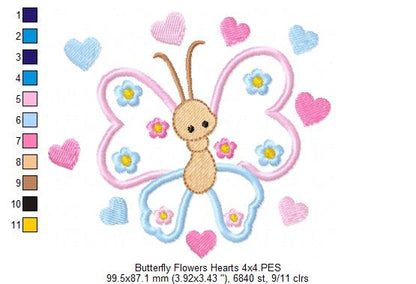 Butterfly, Flowers and Hearts - Applique - Machine Embroidery Design