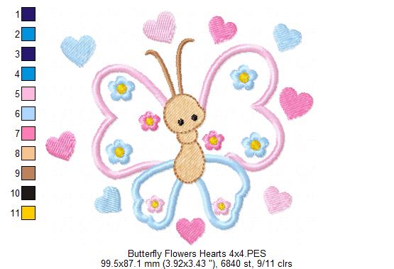 Butterfly, Flowers and Hearts - Applique - Machine Embroidery Design