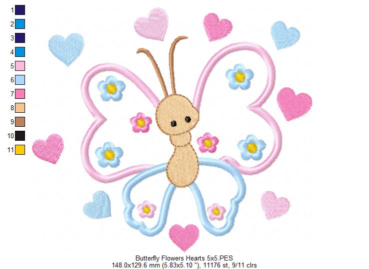 Butterfly, Flowers and Hearts - Applique - Machine Embroidery Design