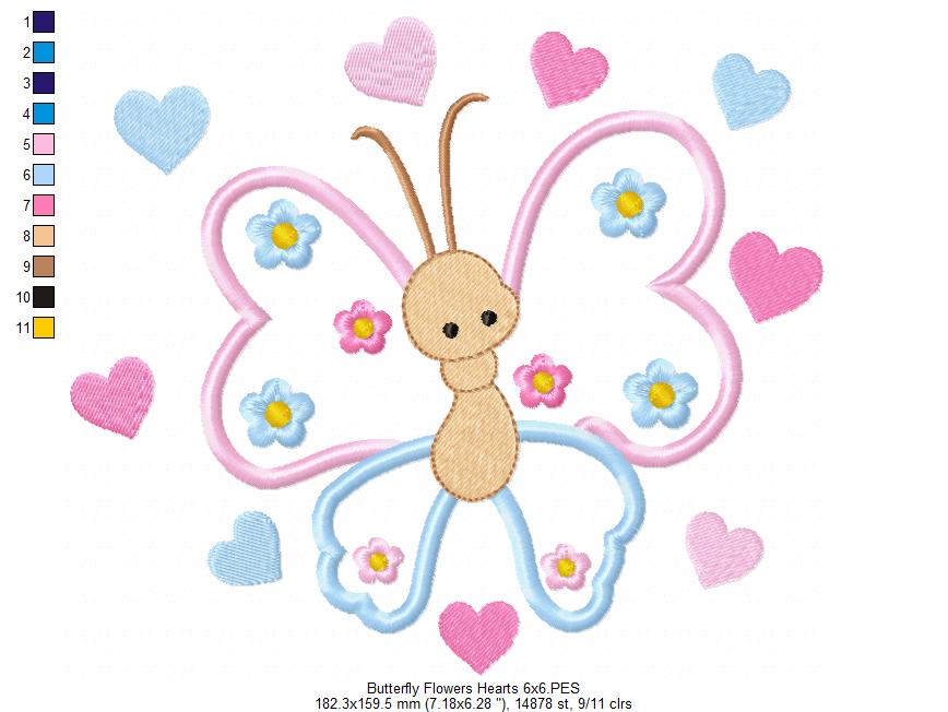 Butterfly, Flowers and Hearts - Applique - Machine Embroidery Design